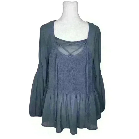 American Eagle women's gray long sleeve polyester blouse size small - Picture 1 of 8